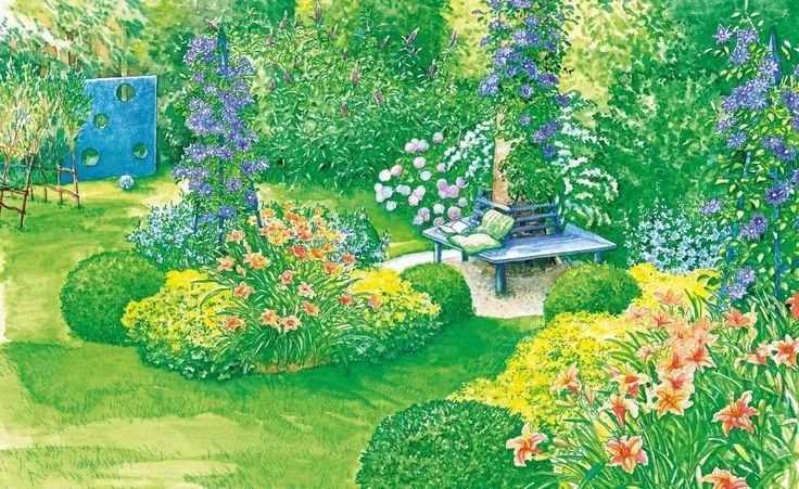 手绘清新小花园,日式庭院迷你小花园手绘