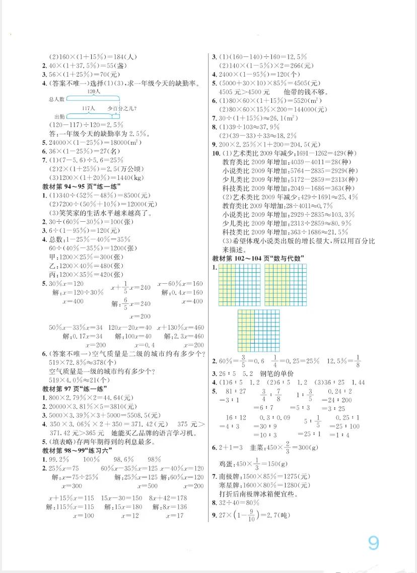 六年级数学北师大版教材习题答案,北师大版六年级上册数学99页答案
