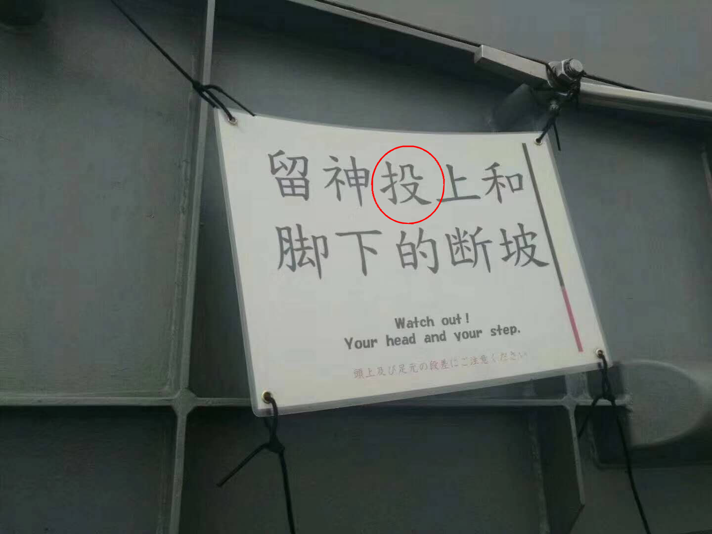 凉月号上警告牌写错字！“头”写成“投”，网友：写日文我都懂