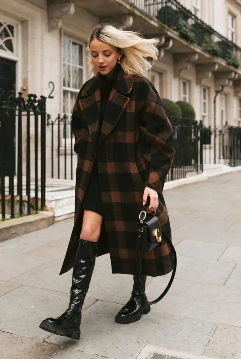 墨绿色格纹大衣怎样搭配好看,短款格纹毛呢大衣的搭配方法