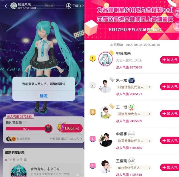 虚拟偶像洛天依和初音未来谁更火,淘宝在哪给初音未来打call