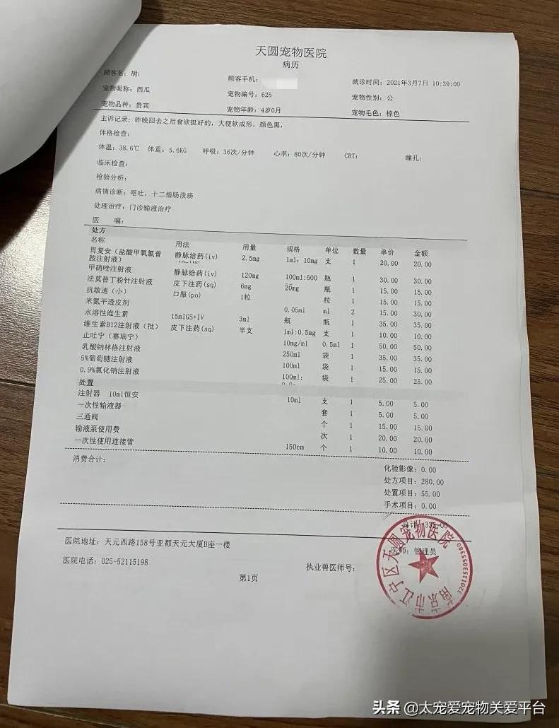 十二指肠溃疡丨太宠爱理赔案例南京天圆宠物医院