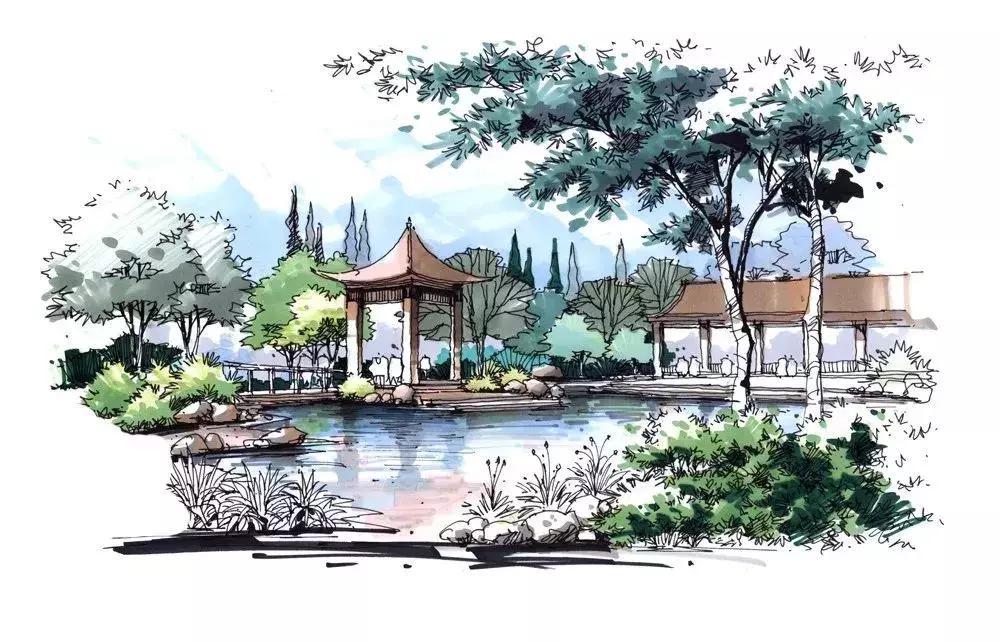 手绘效果图设计详解,干货五幅景观手绘效果图步骤图解