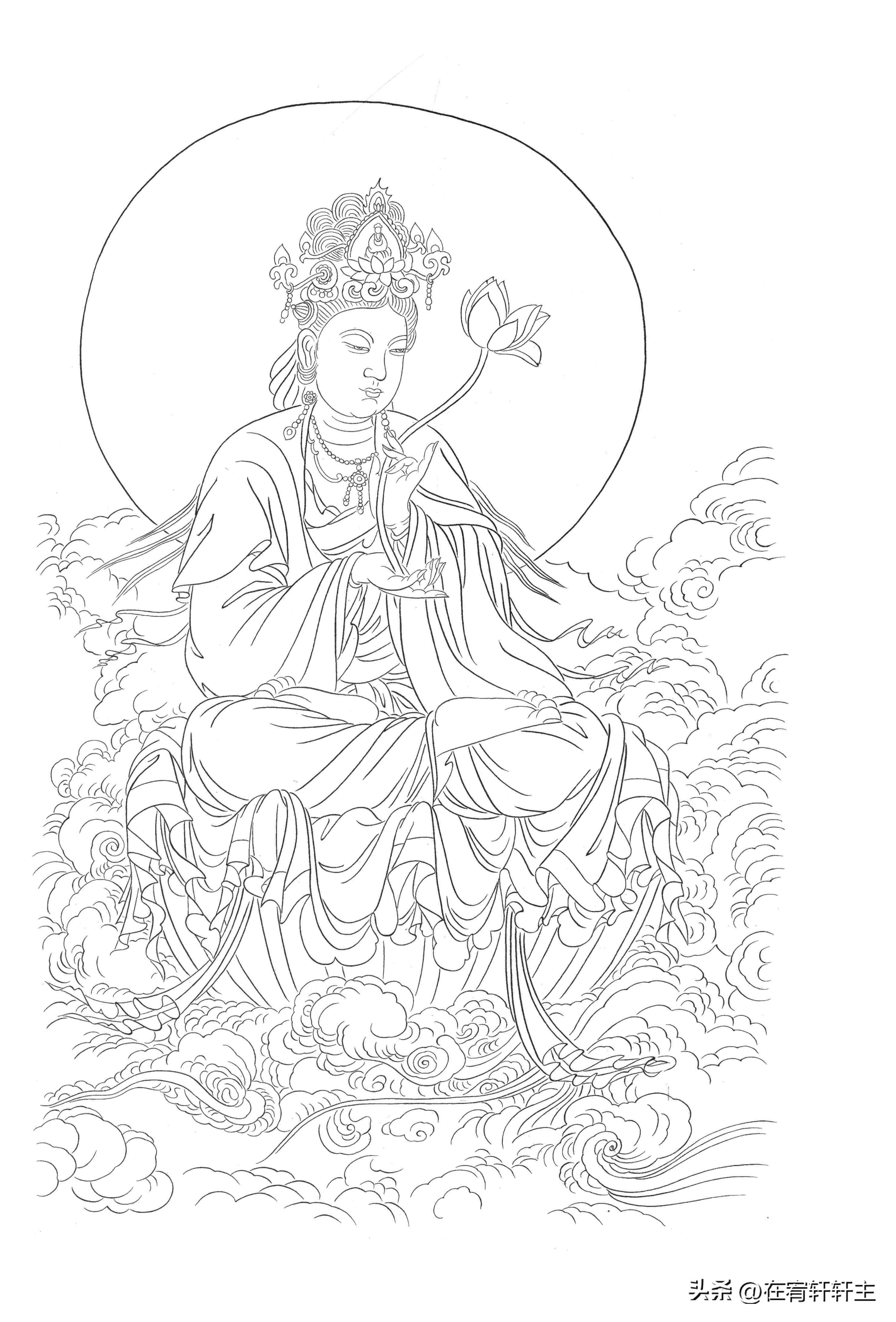 工笔白描观音苏柏斗,工笔画国画白描观音