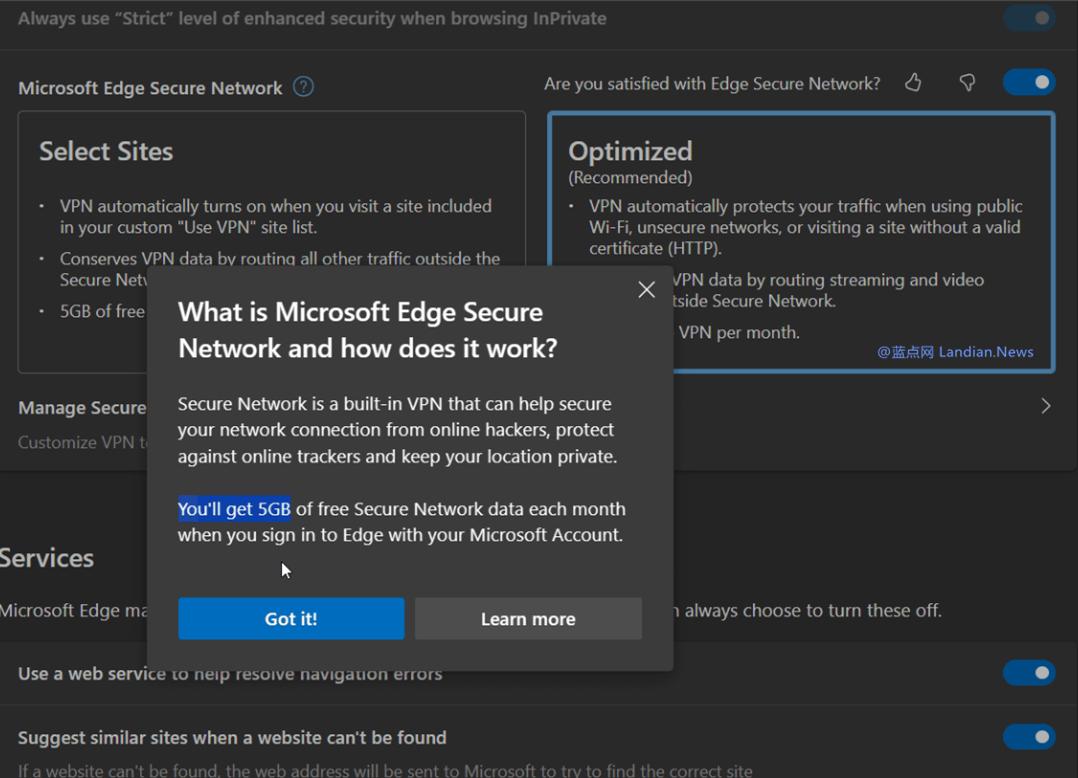 微软将EdgeVPN免费额度调整至5GB但目前只向少数用户开放