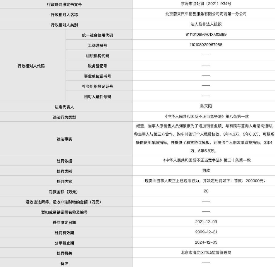 蔚来误导消费者被罚,北京蔚来车主租赁指标官司