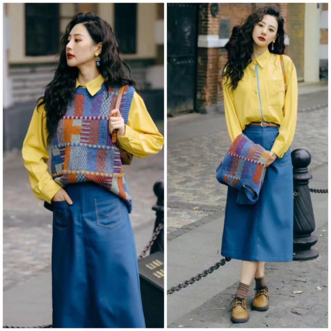 外穿洋气马甲搭格子衬衣,衬衫马甲叠穿什么外套