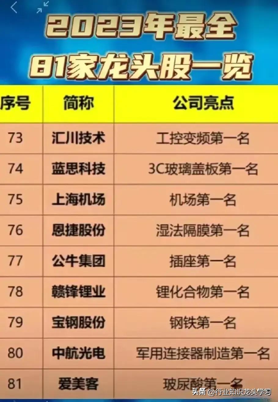 最全各行业板块100只龙头股,中国股市各行业龙头股汇总