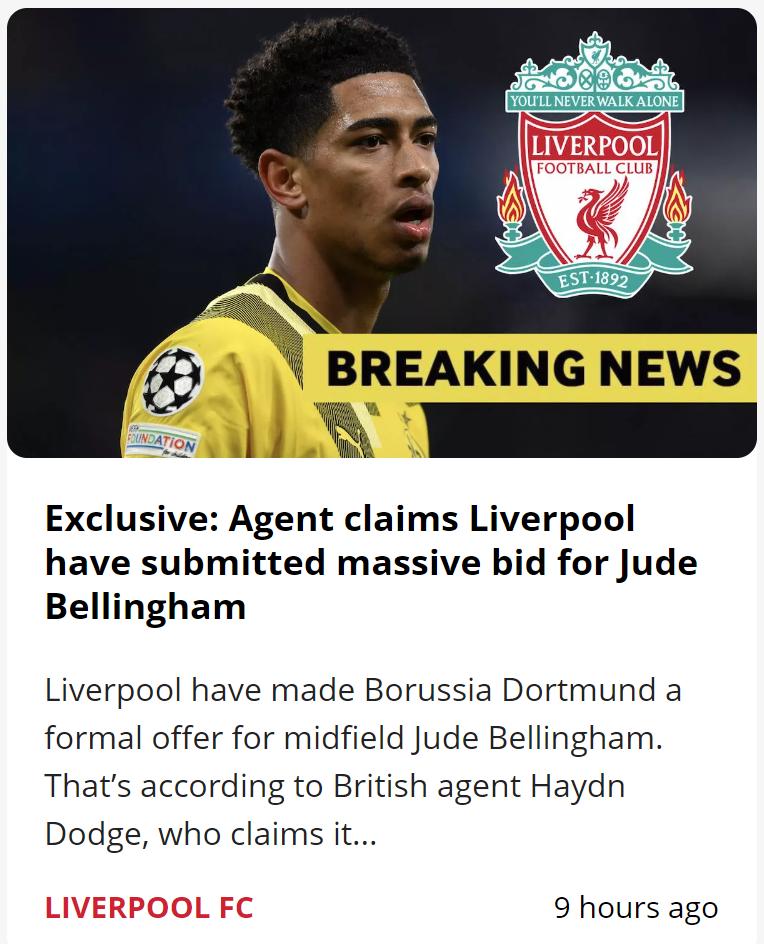 利物浦1亿英镑报价了贝林厄姆？