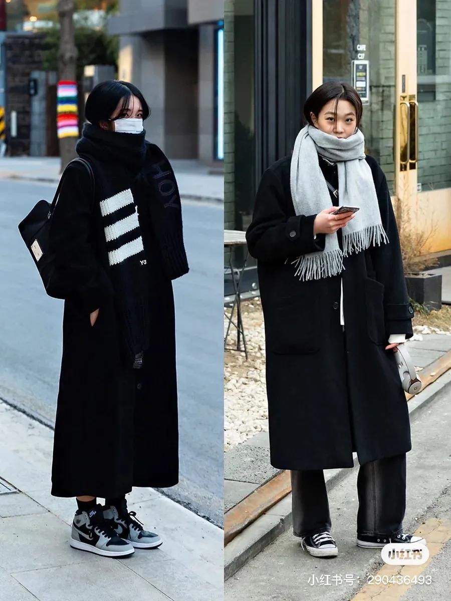 韩国小姐姐学院风大衣内搭,韩国冬季小姐姐黑大衣穿搭