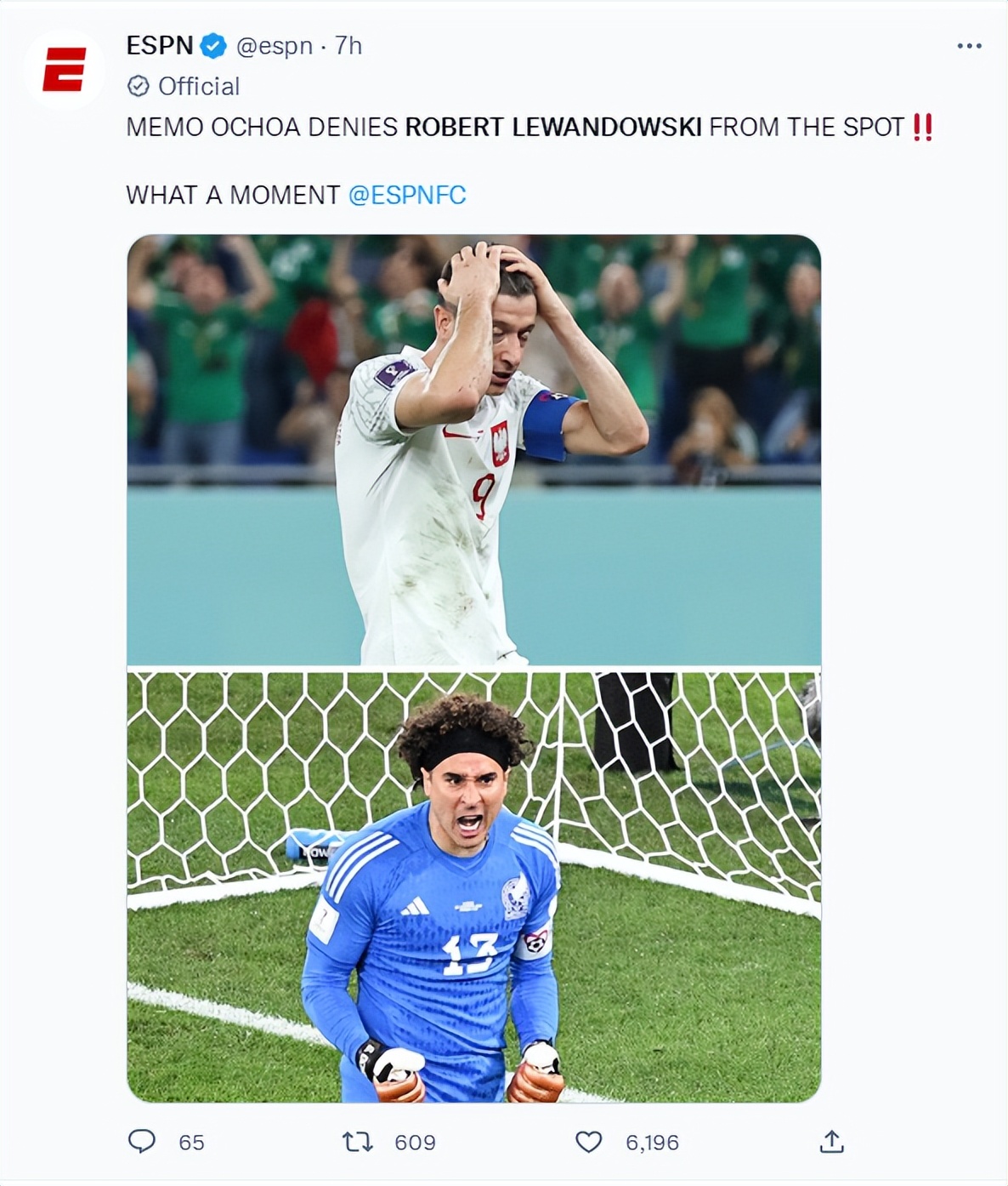 莱万赛后向球迷道歉,莱万点球被奥乔亚扑出