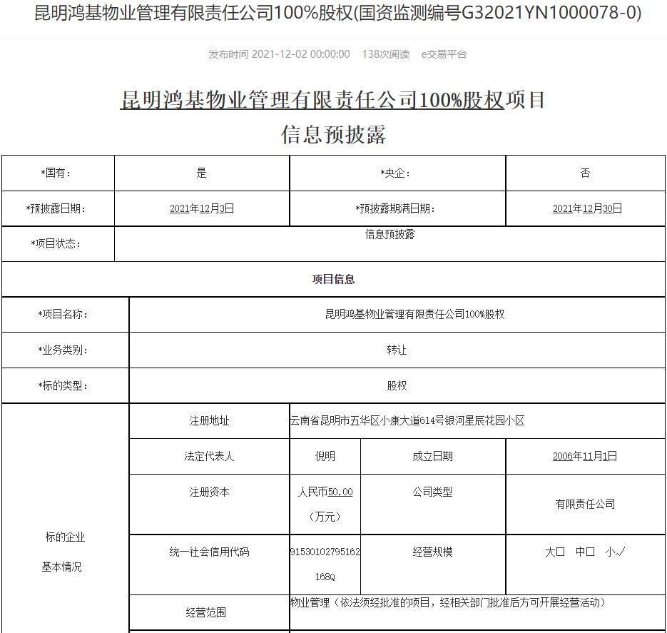 昆明老牌房企要卖物业公司，鸿基物业100%股权对外转让