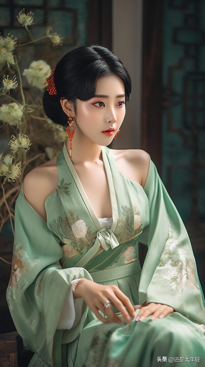 青色长袖12-15岁女童汉服,少女汉服服饰