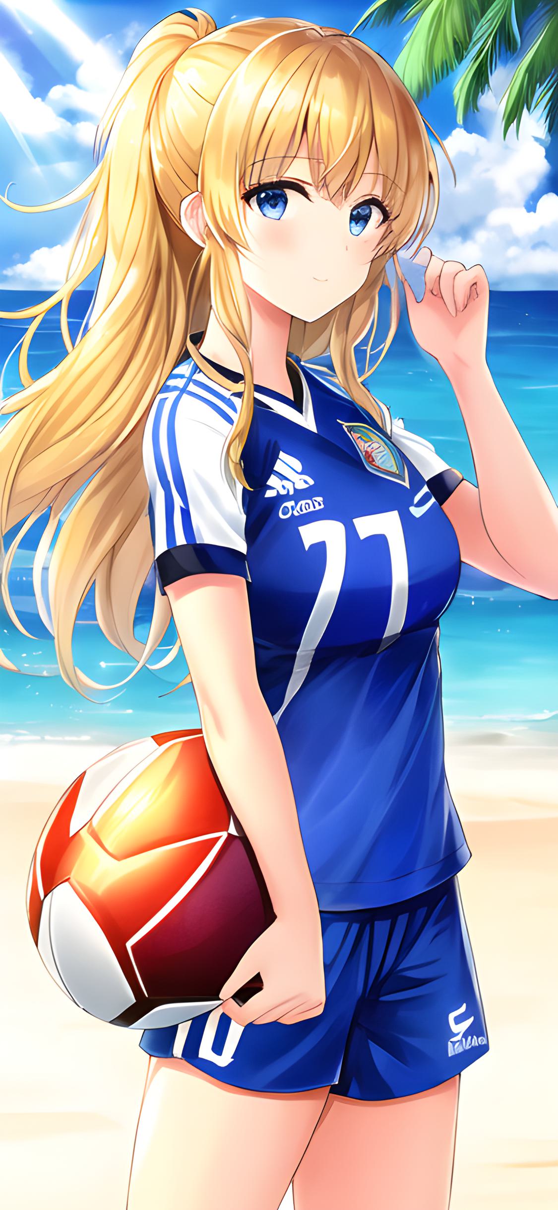 ai绘画夏日沙滩美女壁纸,二次元美少女壁纸足球