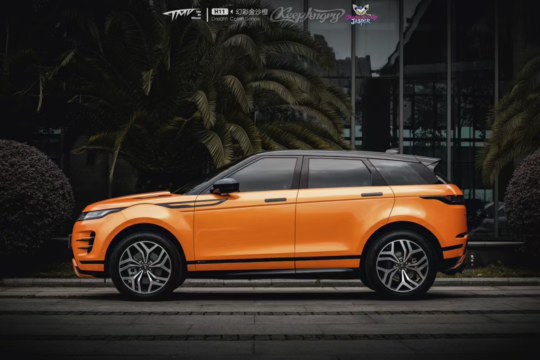 路虎极光车衣改色渐变粉,路虎极光车身改色爱马仕橙