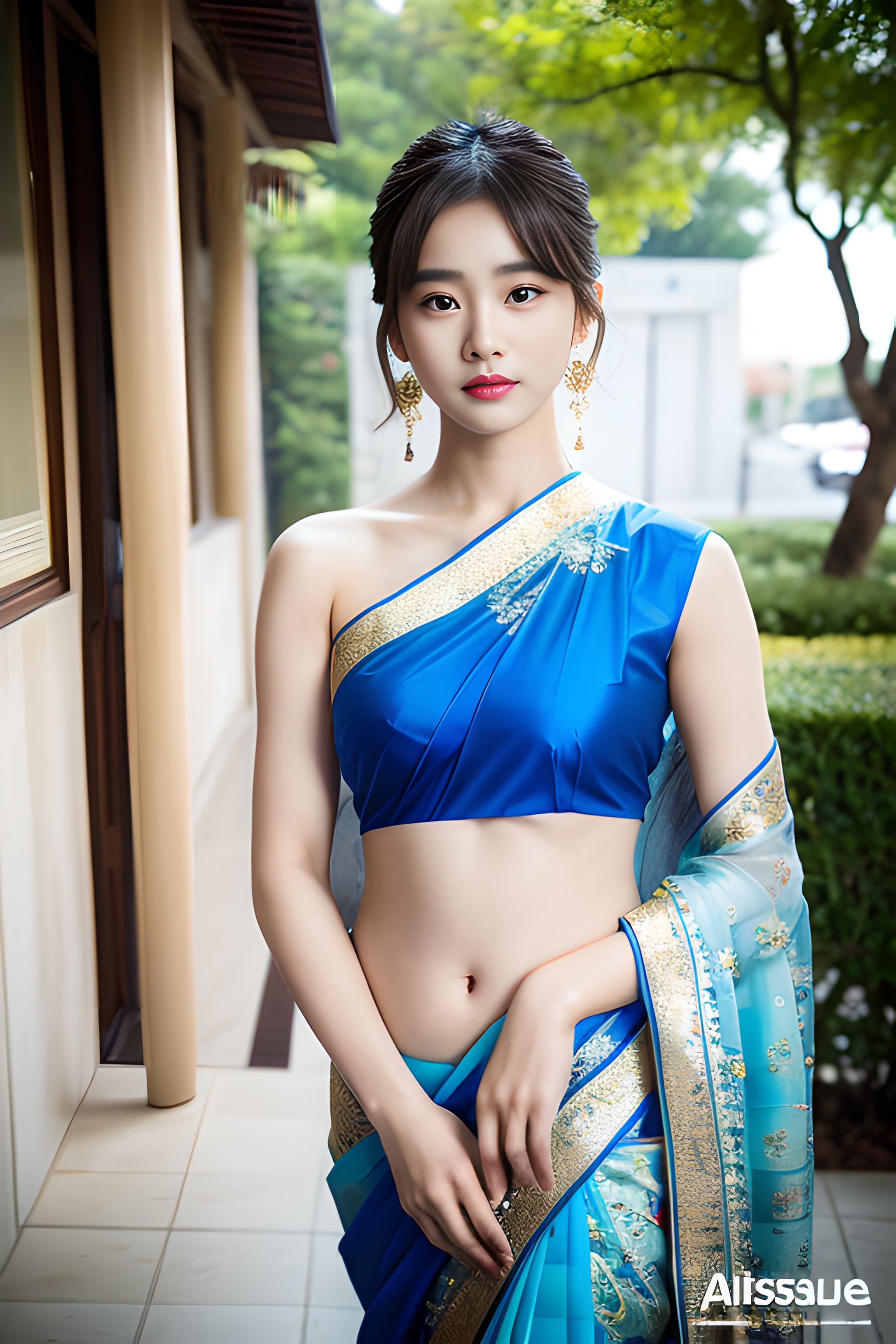 一袭青衣薄纱轻盈灵动,纱丽的穿衣搭配