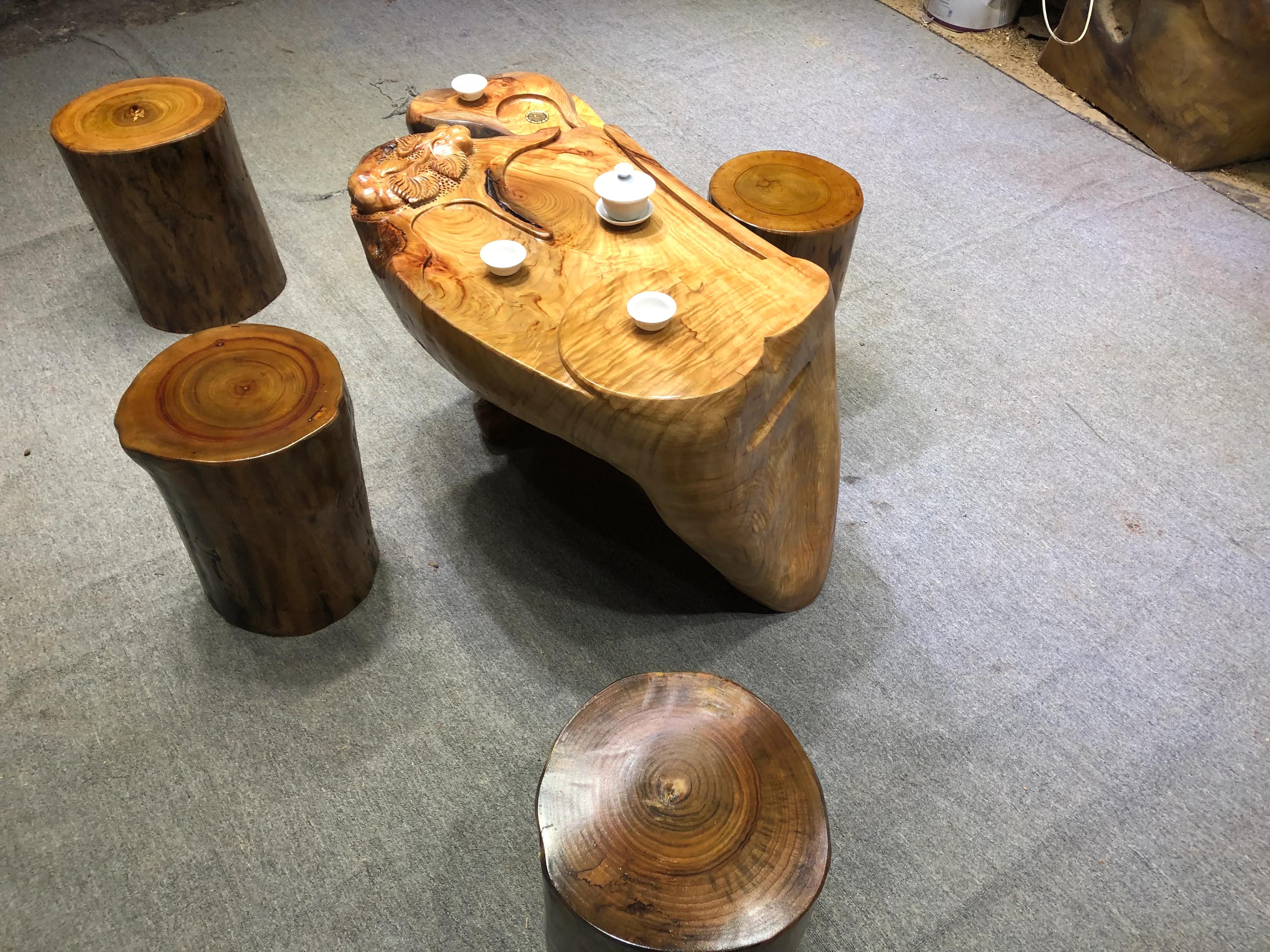 小叶香樟木茶几,香樟木实木墩子茶几