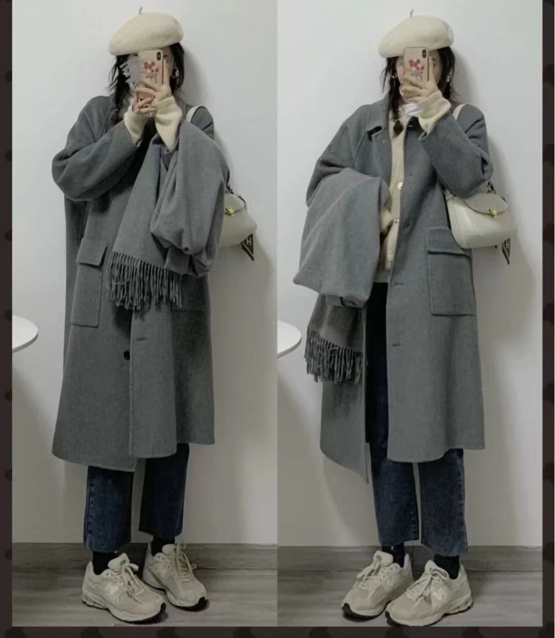 灰色大衣和黑色大衣哪个配jk好看,灰色双面羊绒牛角扣大衣小个子150