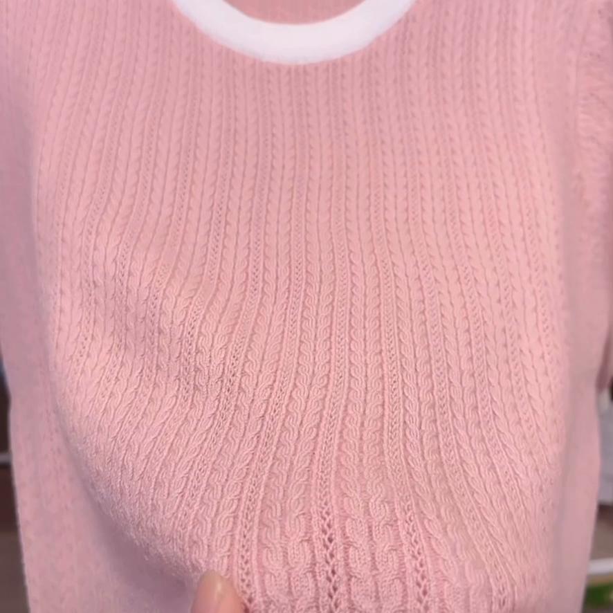 针织衫女夏短袖宽松慵懒感,2024新春夏季薄款镂空针织衫