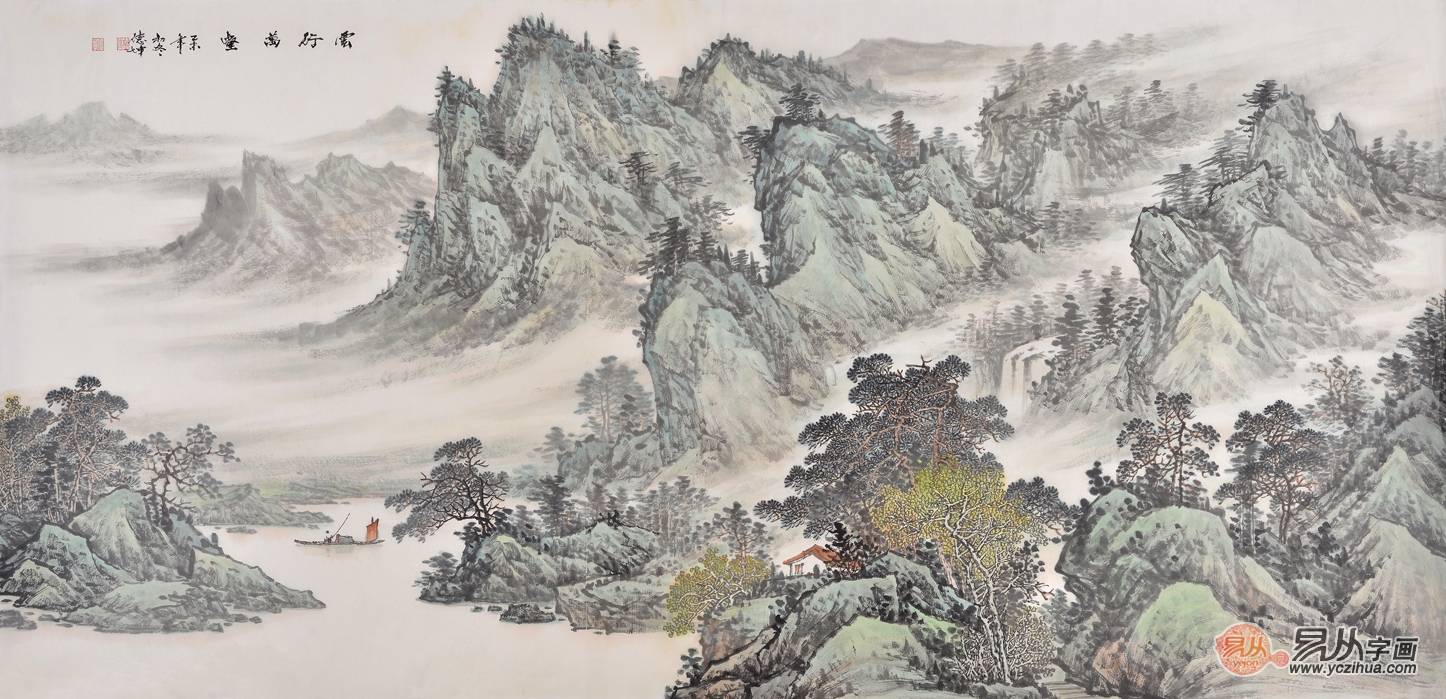 客厅鸿运当头山水画手绘,壁画客厅现代简约山水画高清图片