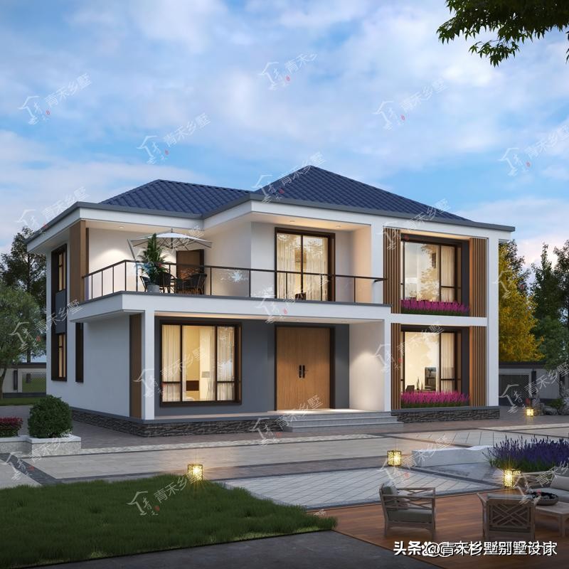 农村二层别墅楼顶露台亭子设计,二层法式复古带露台小别墅外观图