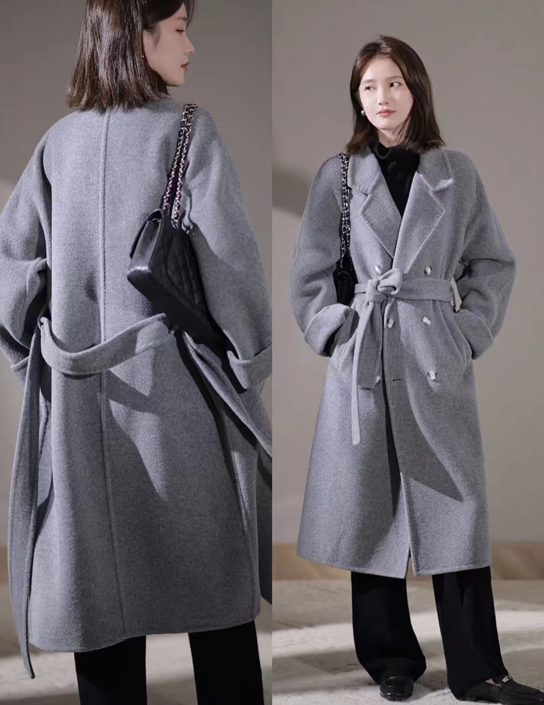 灰色大衣和黑色大衣哪个配jk好看,灰色双面羊绒牛角扣大衣小个子150