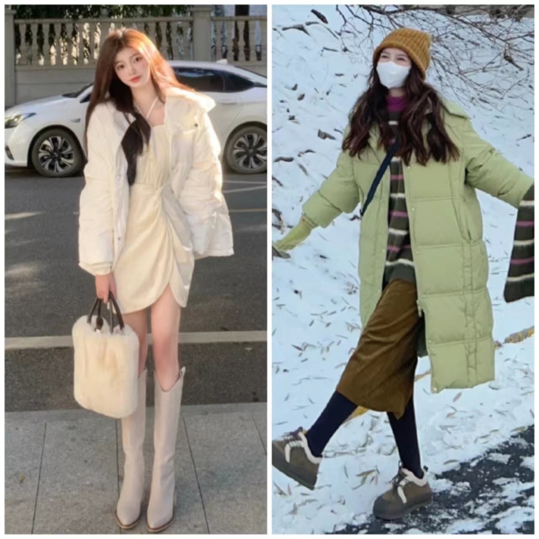 浅蓝色羽绒服怎样搭配黑色半身裙,短款白色羽绒服的最佳搭配半身裙