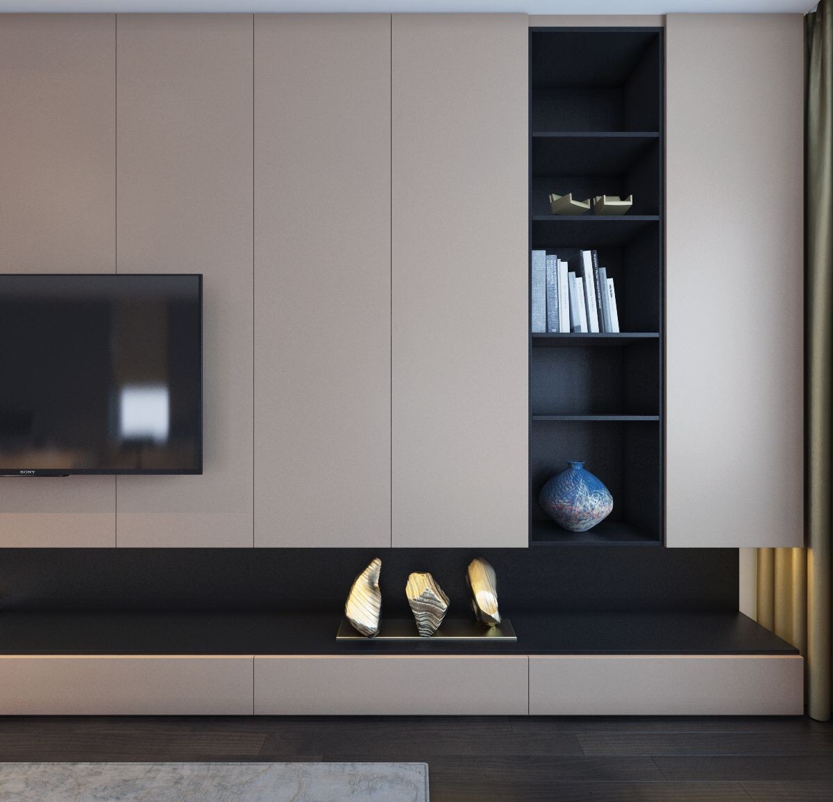 与其做满墙电视柜，不如留40㎝做书架，一柜两用，教科书级模板