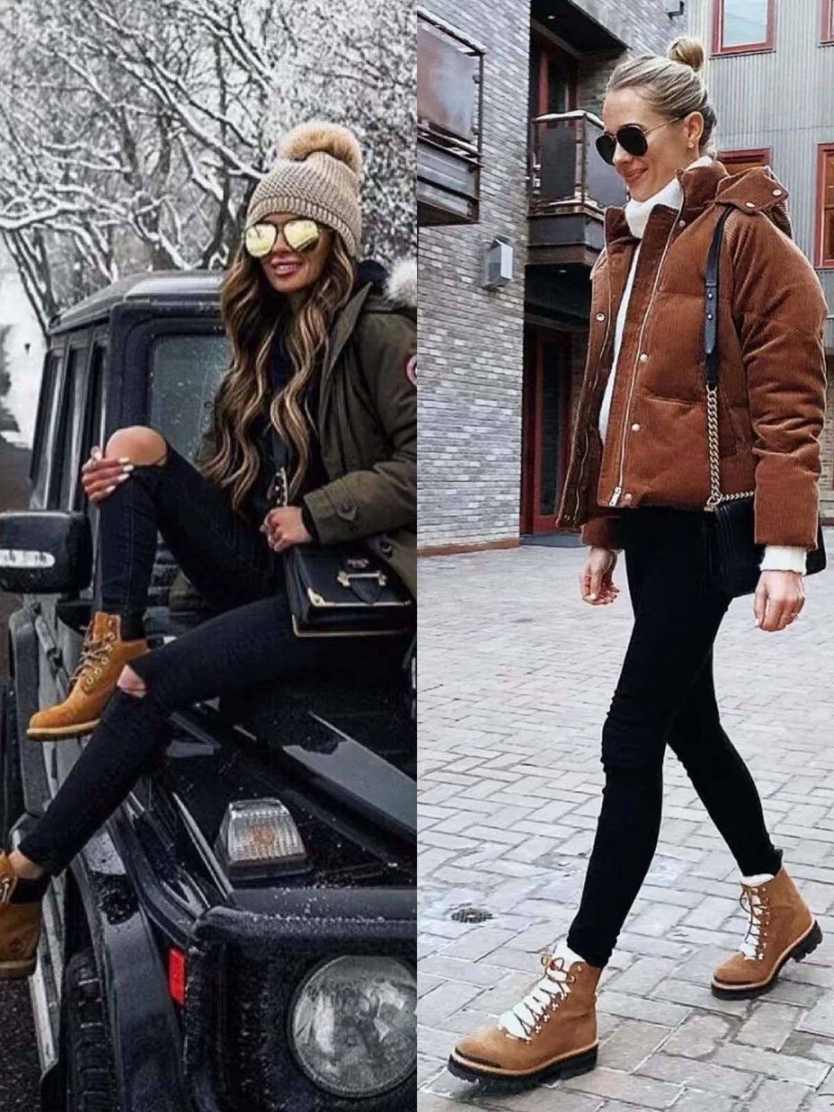 大黄靴羽绒服搭配,大黄靴长羽绒服