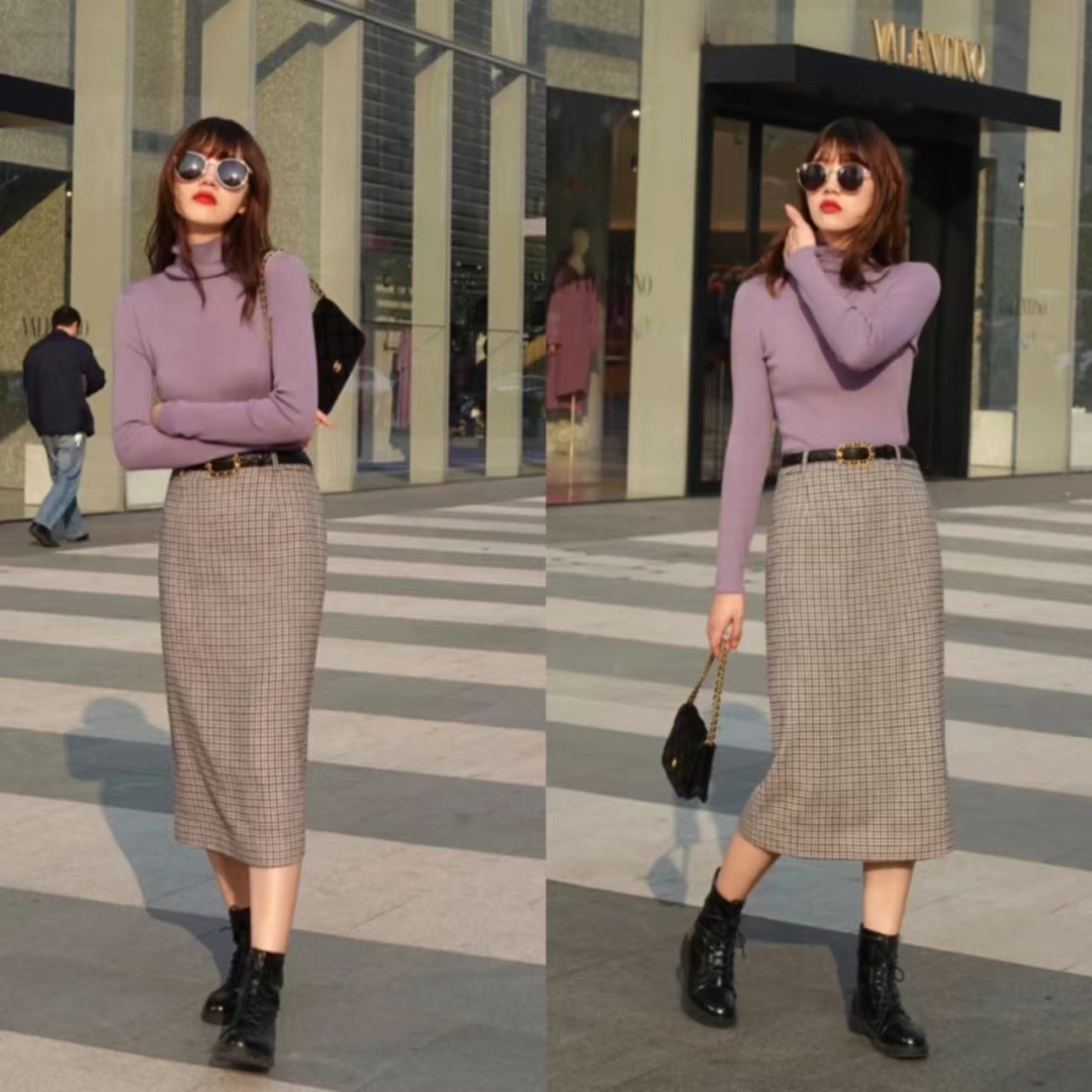 千鸟格半身裙秋冬款a字版30岁,黑白千鸟格半身裙配原绒色毛衫