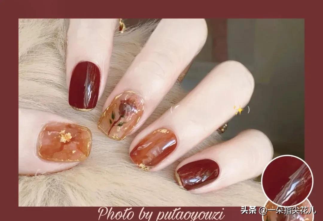 琥珀晕染美甲款式教程,琥珀焦糖色棋盘格晕染美甲