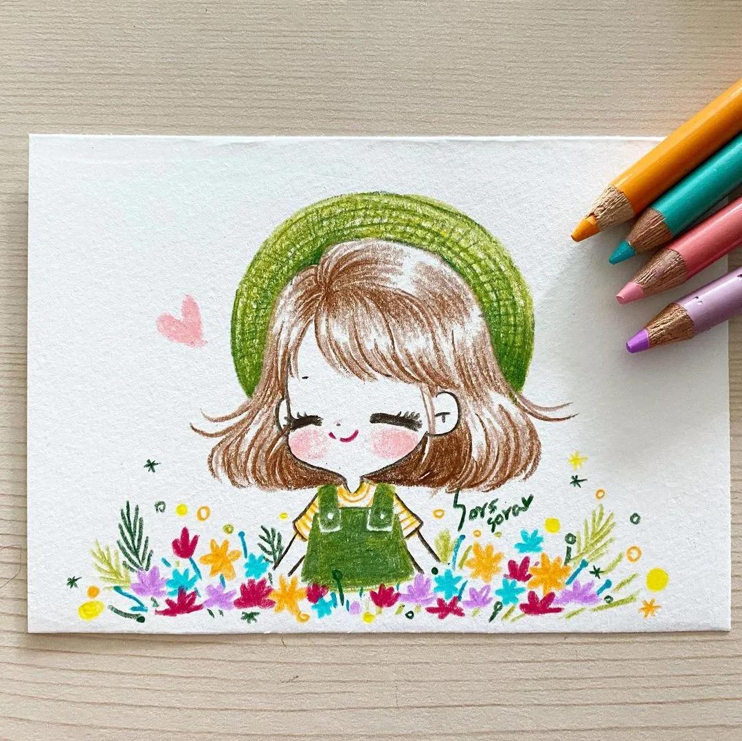 彩铅绘画7-15岁简笔画可爱又简单,可爱彩铅简笔画简单的少女