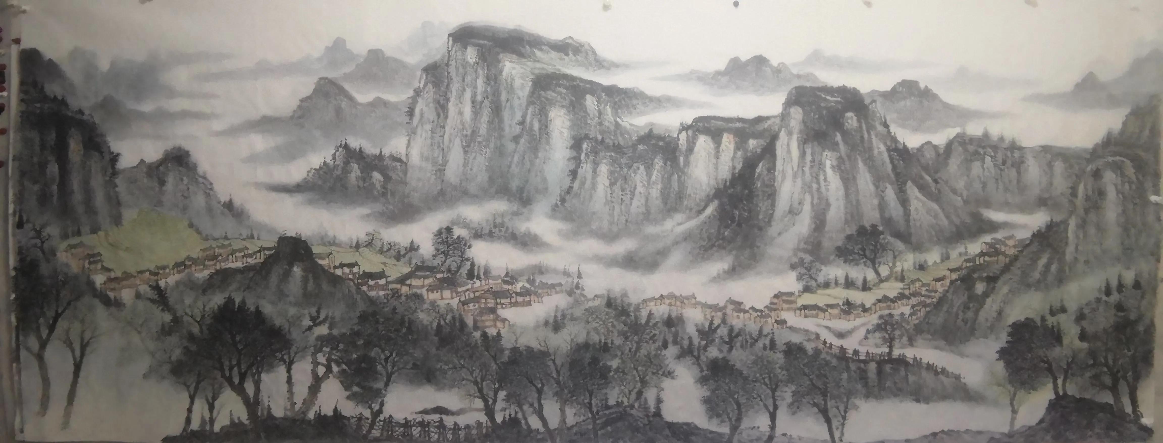 办公室山水画背景墙挂画流水生财,鸿运当头山水画背景墙办公室