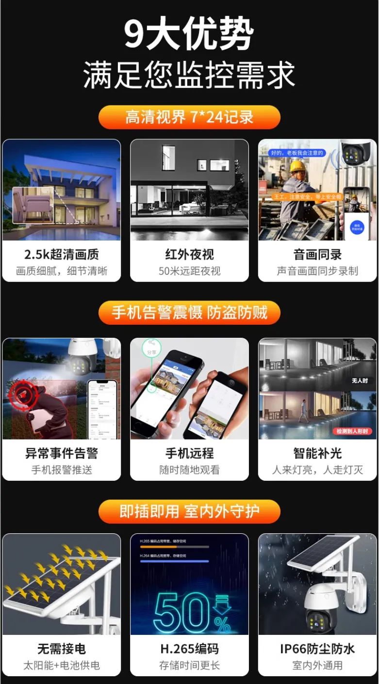 无线监控摄像头5g专用,户外360度无线太阳能摄像头