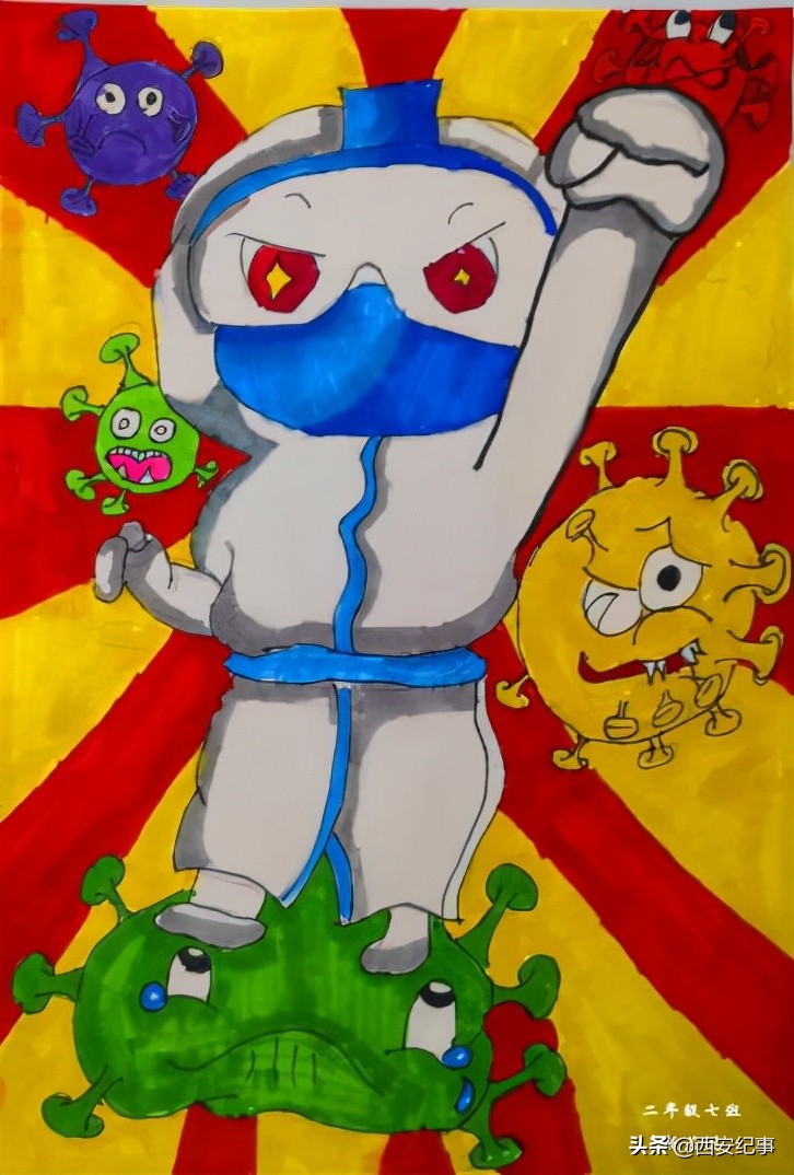 童心共绘抗击疫情的绘画作品,童心抗疫致敬先锋美术作品