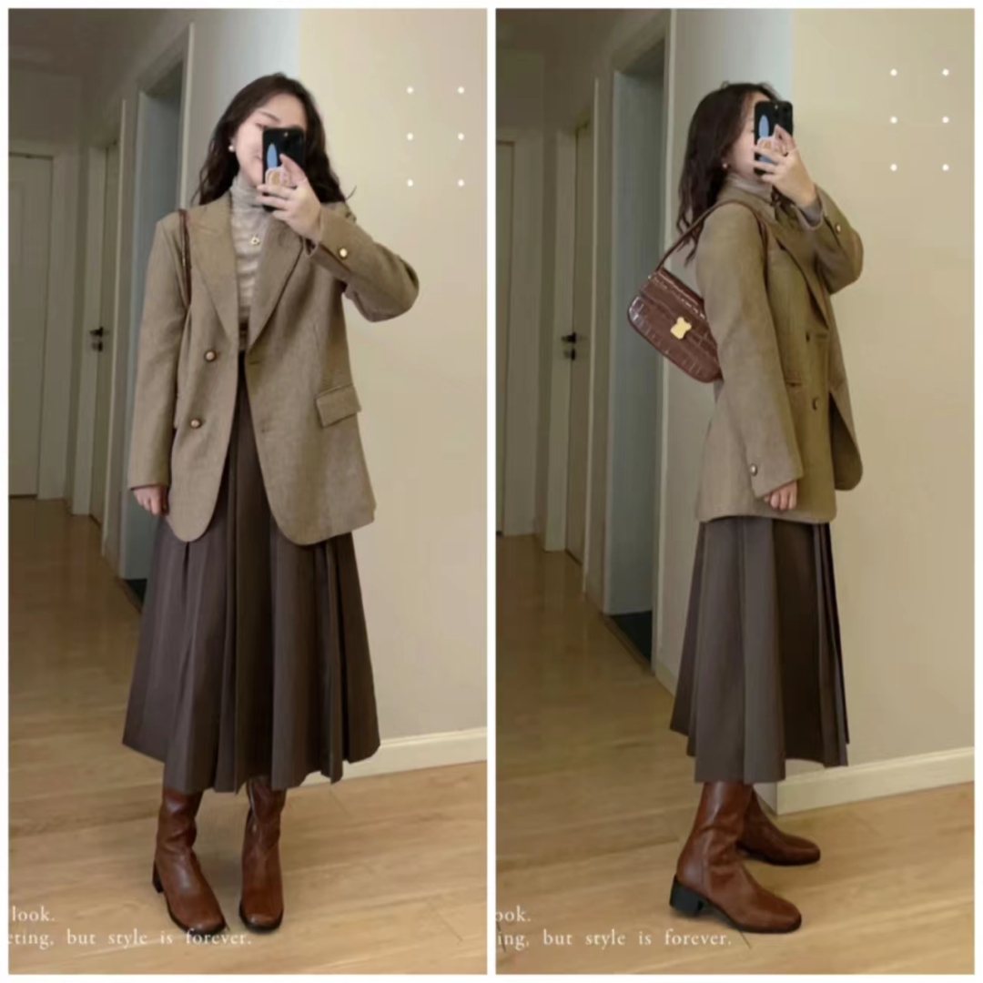 西装长裙搭配西装外套,西装外套配连衣裙气质高级感