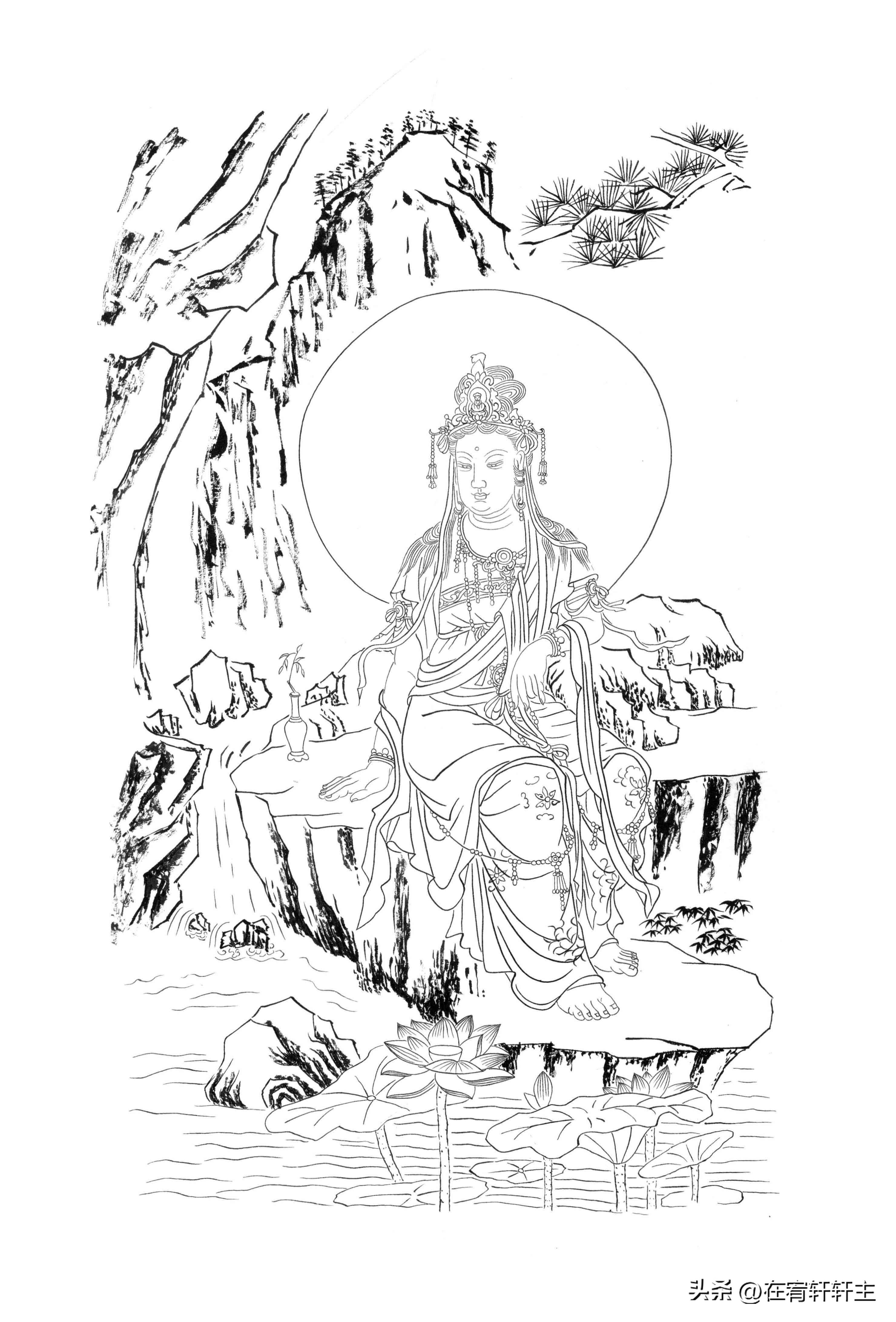 工笔白描观音苏柏斗,工笔画国画白描观音