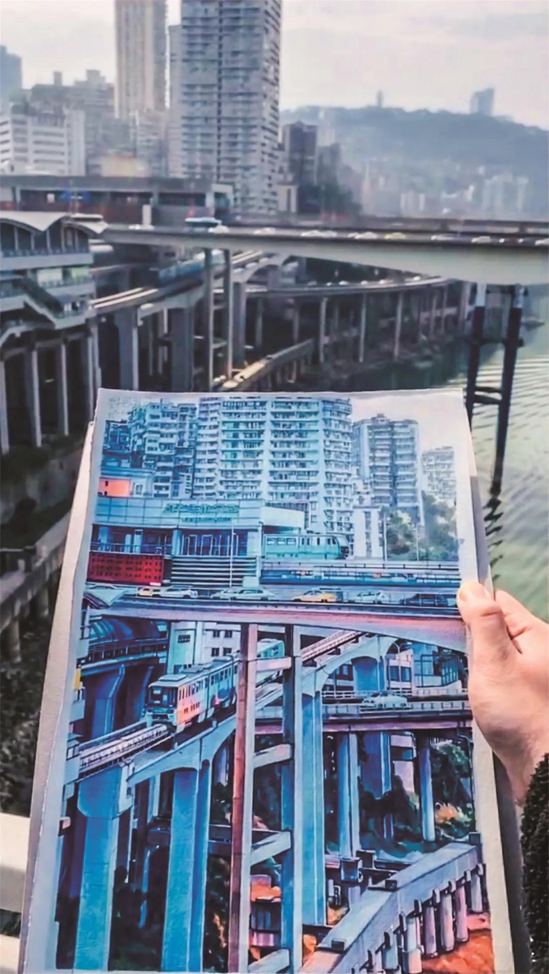 马克笔手绘风景重庆,东北一小伙手绘魔性地图