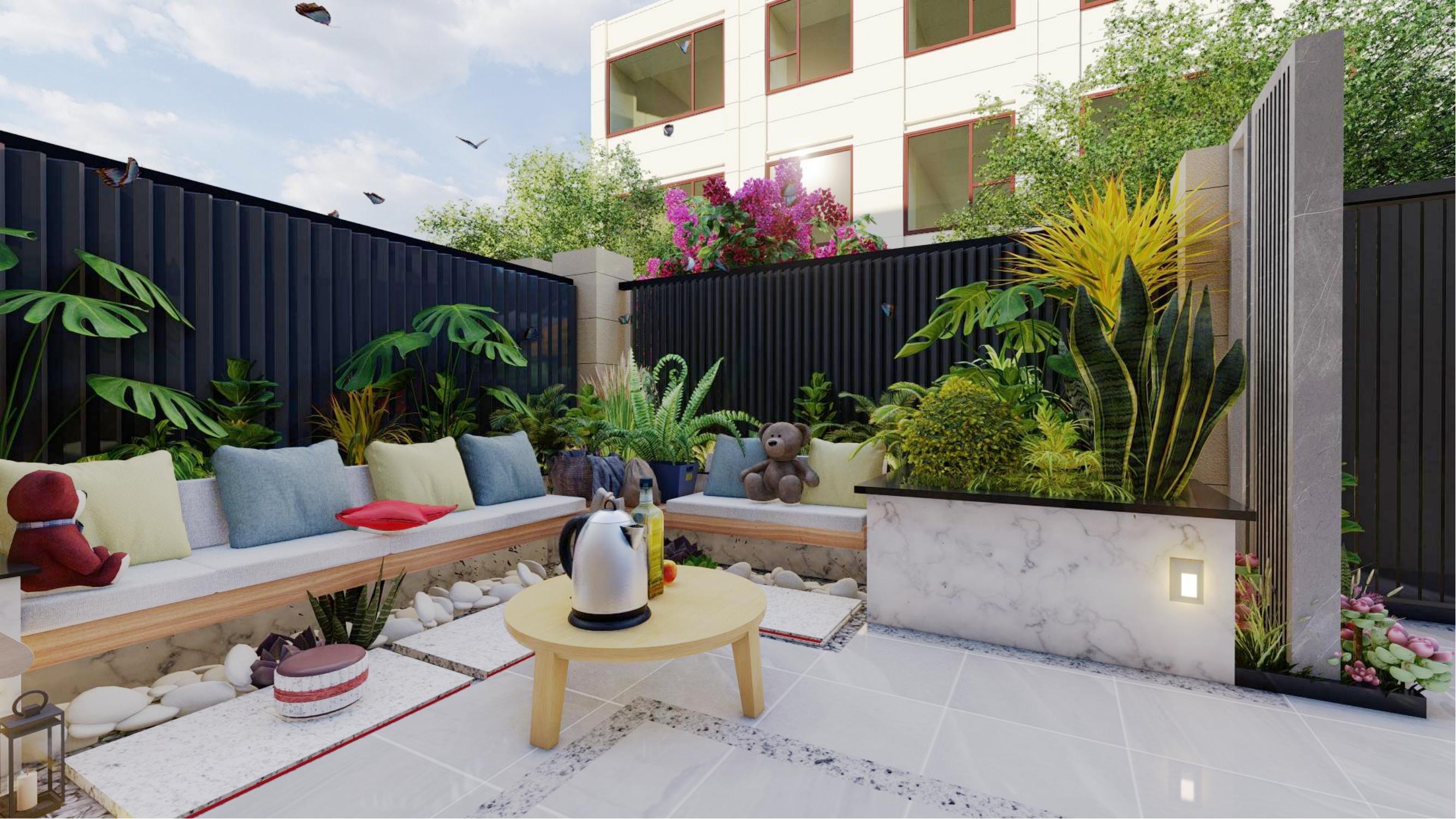 一层简易超现代带车库的小院设计,有车位小庭院别墅设计