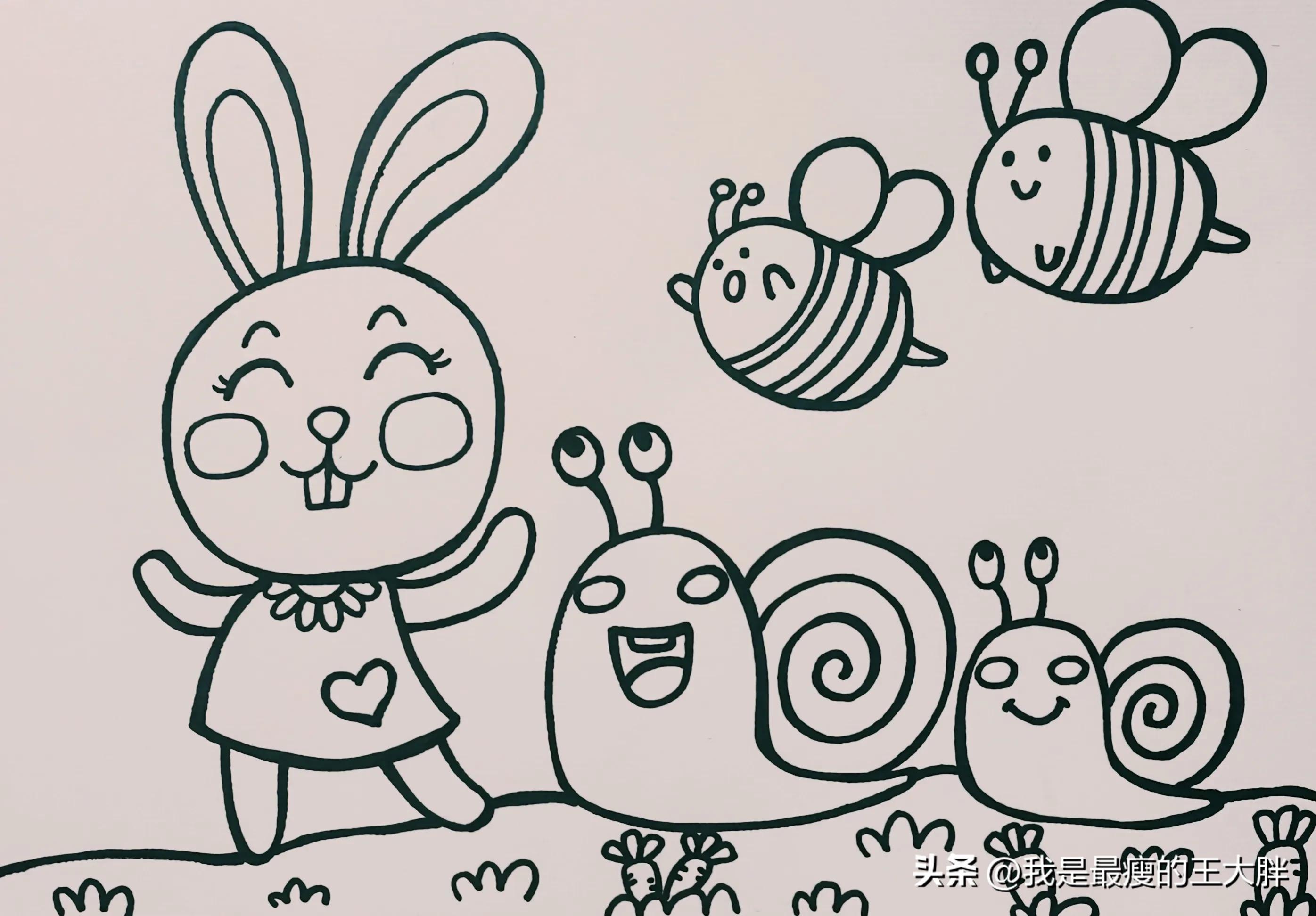 情景简笔画，动物简笔画。春天来了，小兔子和蜗牛去踏青儿童画