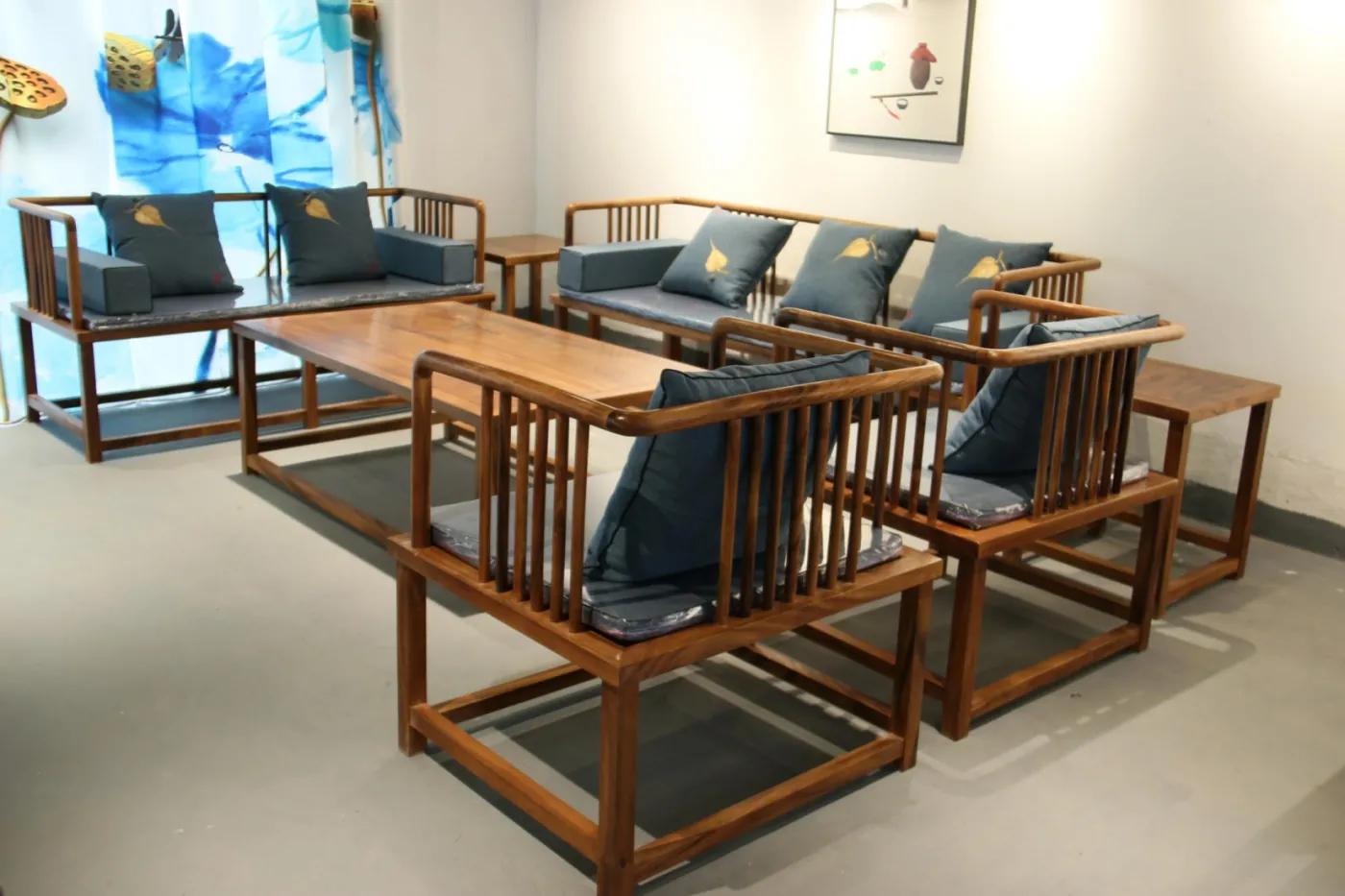 胡桃木沙发新中式,胡桃木实木休闲简约沙发中小户型