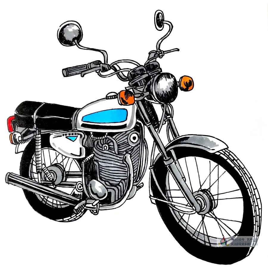 儿童画摩托车简单画法,摩托车线描画