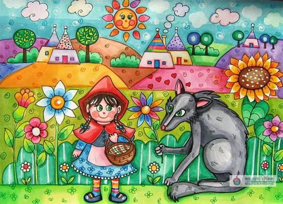 春日荡秋千放风筝儿童画,创意美术春日浪漫郁金香儿童画