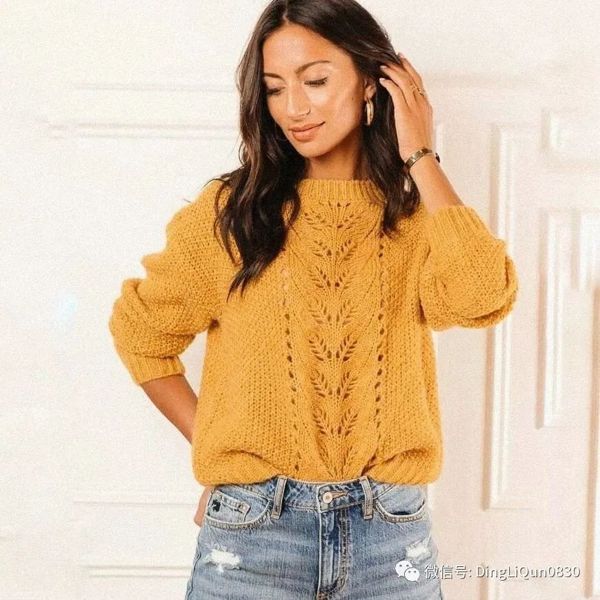 棒针套头针织羊毛衫,镂空羊毛套头衫