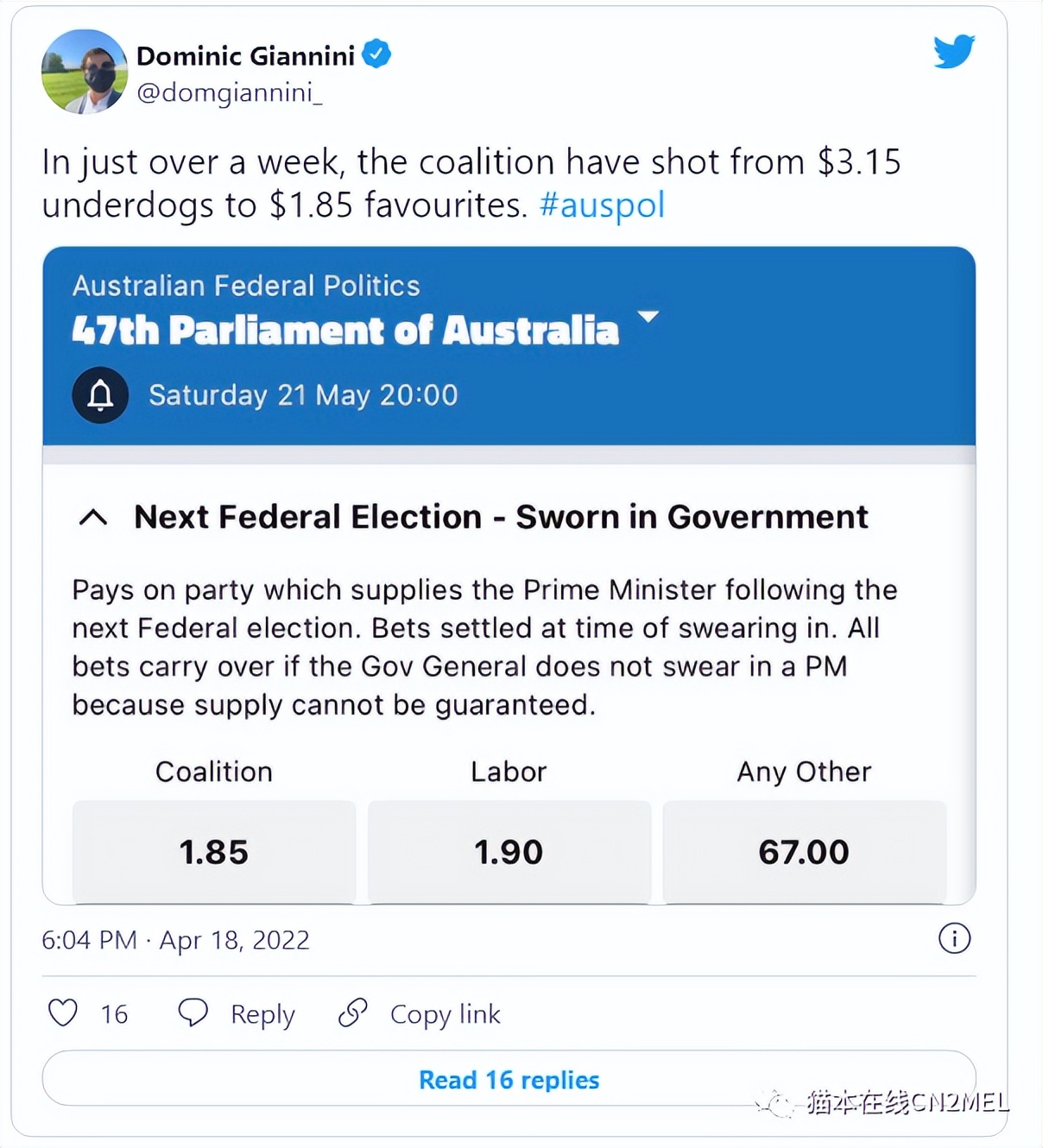 莫里森创造历史连任？最新*彩博**网站*率赔**出炉，*盟党联***率赔**大幅下跌