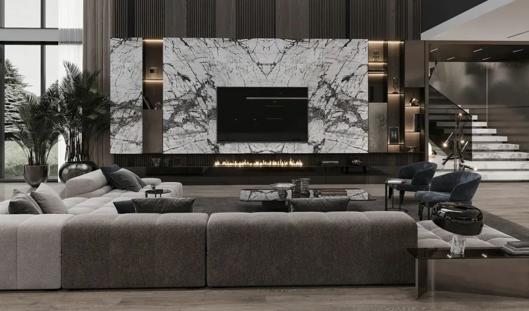 别墅挑空客厅电视机背景墙效果图,复式别墅乳胶漆电视背景墙效果图