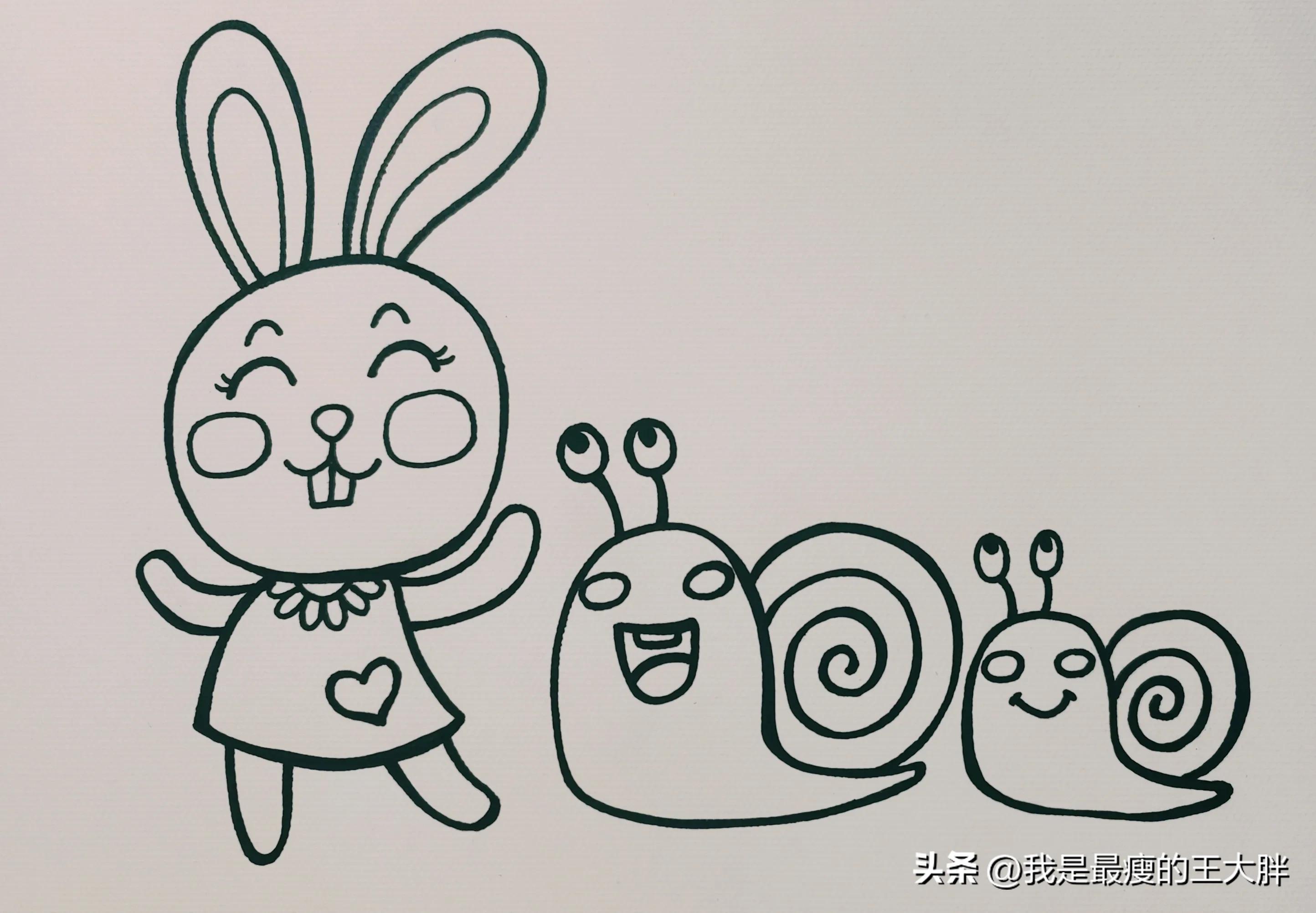 情景简笔画，动物简笔画。春天来了，小兔子和蜗牛去踏青儿童画