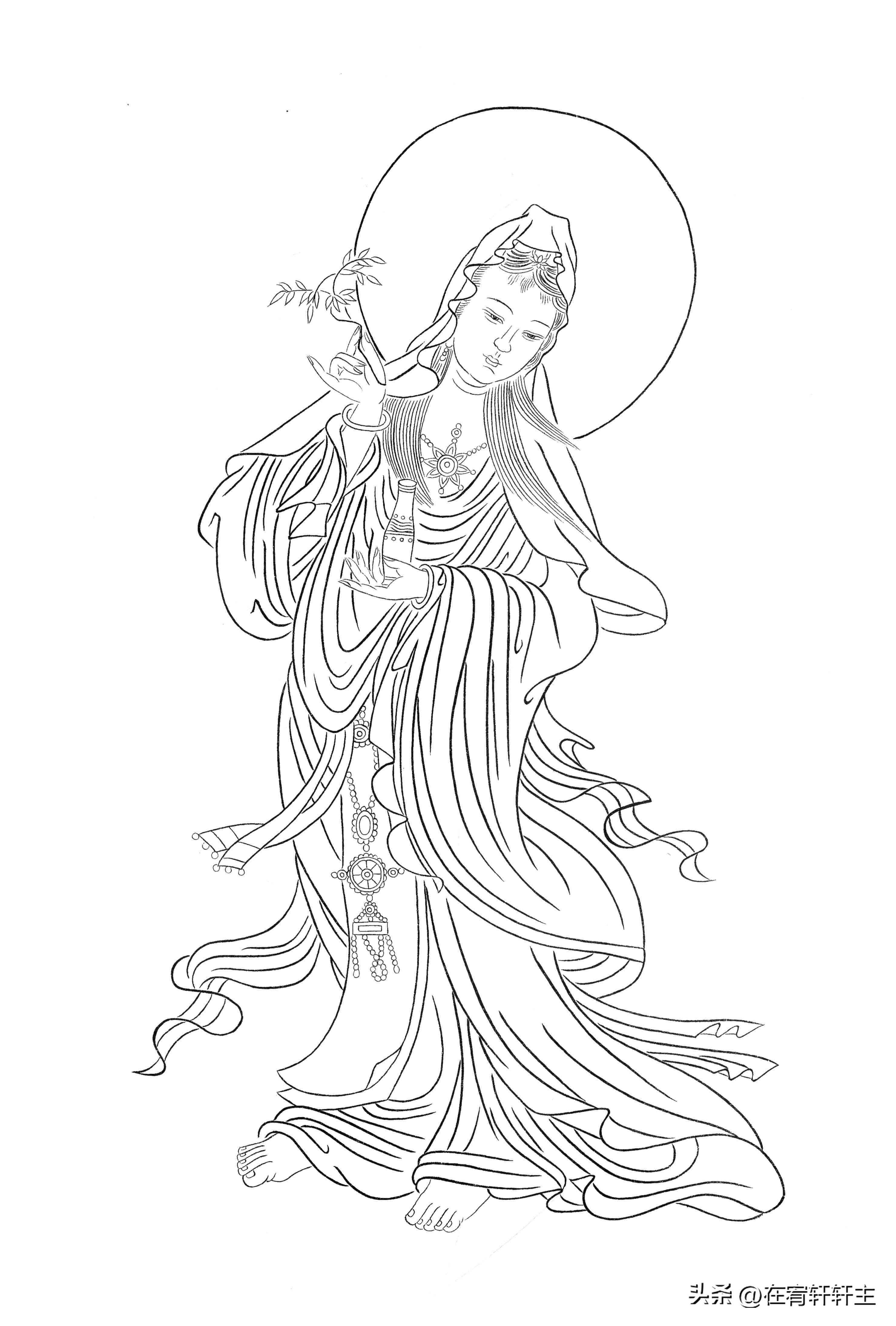 工笔白描观音苏柏斗,工笔画国画白描观音