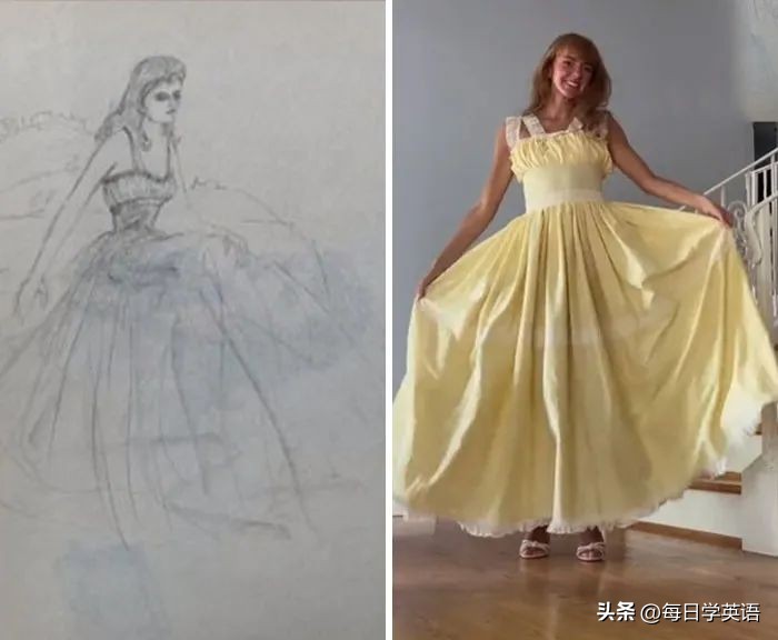 奶奶看到孙女设计的婚服,孙女用奶奶的设计草图制作成衣