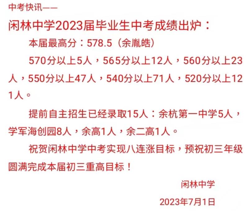 杭州各公办初中中考重高率排名,杭州民办初中2023年中考成绩排名